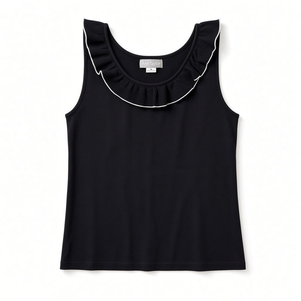 Ann Trinity Navy Blue 100% Cotton Ruffle Neck Sleeveless Knit Tank Top M Medium